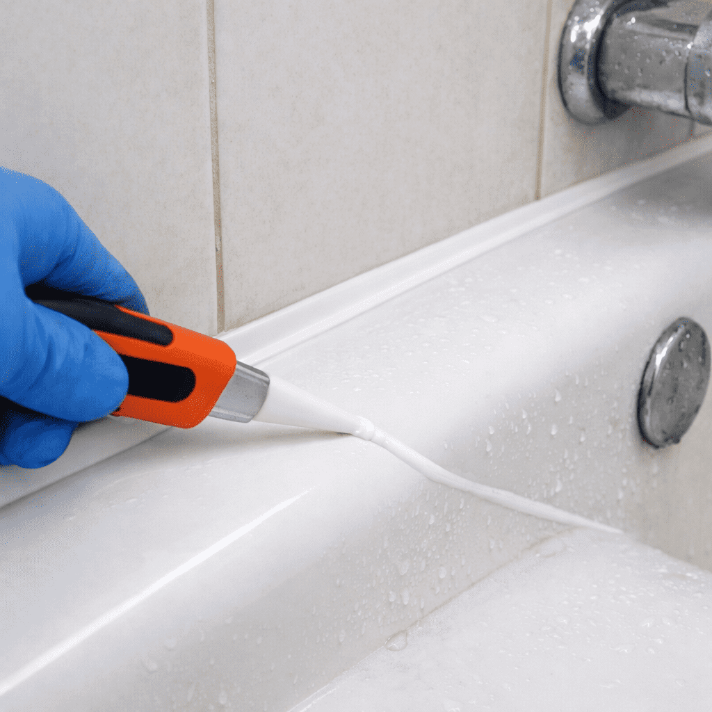 מריחת סיליקון חדש בין האמבטיה לקיר